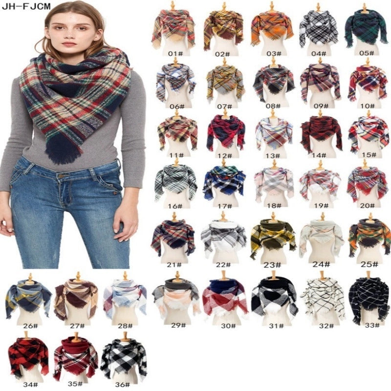 Hot Factory Direct Supply Autumn And Winter New Thickened Warm Circle Yarn Bristle Plaid Square Scarf For Women