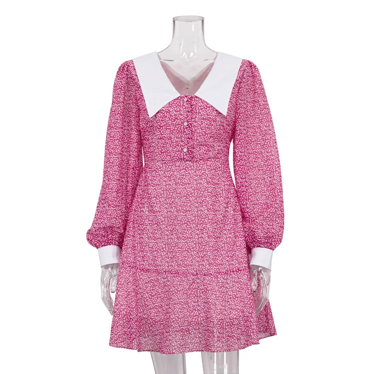 Ueong Ueong Early Autumn New Doll Collar Long Sleeves Show Thin A-Line Skirt Temperament Fashion Print Dress