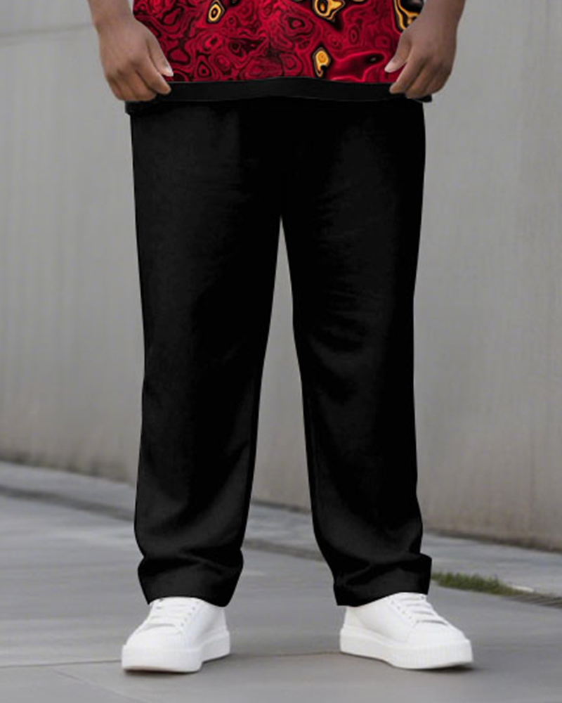 Big & Tall Men's Black And Red Geometric Print POLO V-Neck Long Sleeve Pants Two-Piece Set