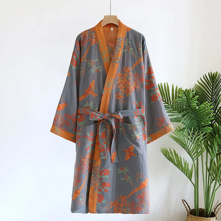 Jacquard Retro Cotton Gauze Pastoral Style Bathrobe Radinnoo.com