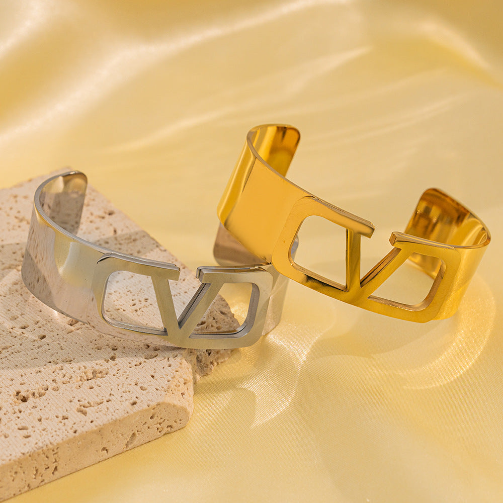 Wide Titanium Steel Bracelet C-Shaped Opening Size Adjustable Letters Simple And Stylish Design