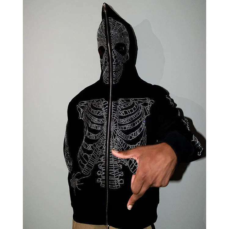 Skeleton Spider Rhinestone Men's Oversized Full Zip Up Hoodie Coats at Hiphopee