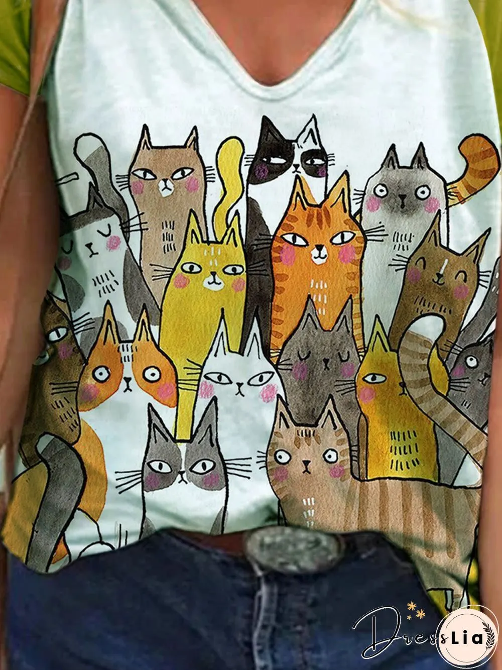 Animal Short Sleeve Printed Cotton-blend V neck Casual Summer Yellow Top