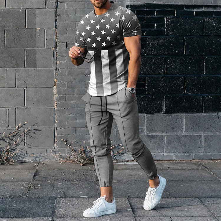 BrosWear Men's Flag Design Short Sleeve  T-Shirt And Pants Co-Ord