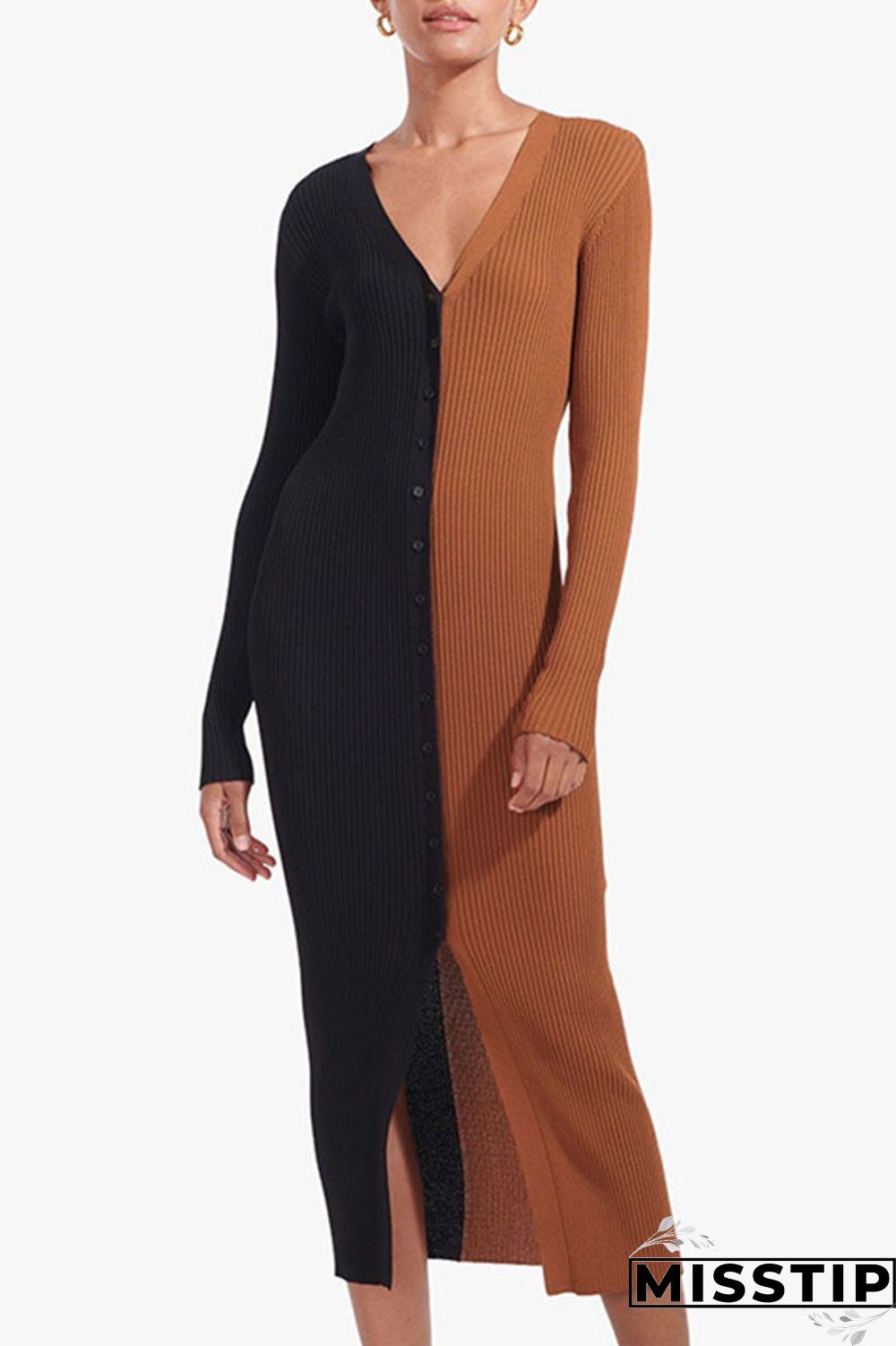 Black Brown Casual Solid Patchwork Buckle V Neck Straight Dresses