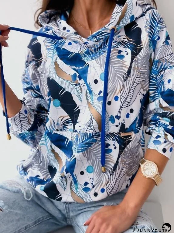 Hoodies Leaf Print Pocket Drawstring Long Sleeve Hoodie for Women