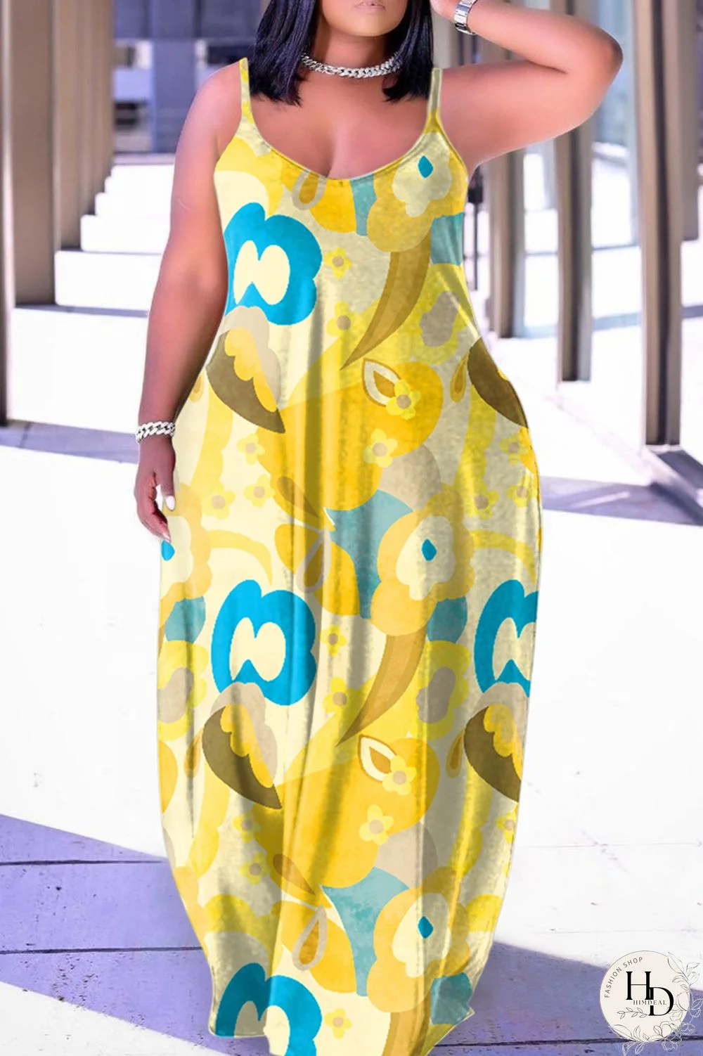 Yellow Sexy Casual Print Backless Spaghetti Strap Long Dress Dresses