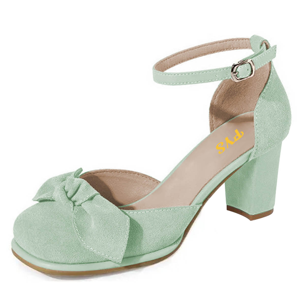 Light Green Closed Toe Chunky Heel Ankle Strap Pumps for Women Nicepairs