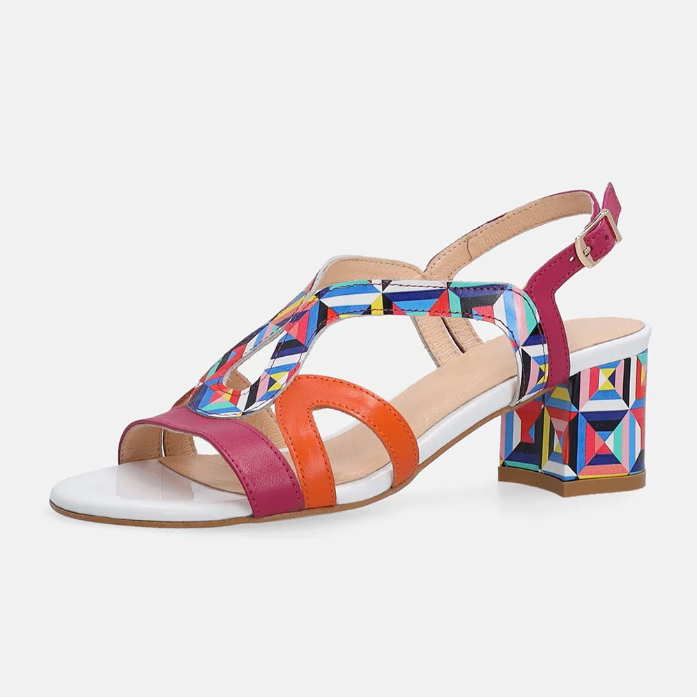 Multicolor Round Toe Ankle Strap Buckle Block Heel Sandals for Women