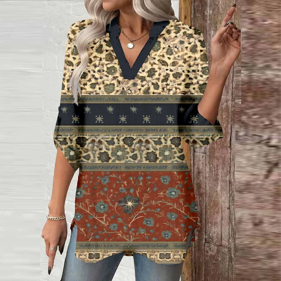 Women Floral, Red, Patchwork DZGA0053 3/4 Sleeve V-neck Printed Graphic Button Tops