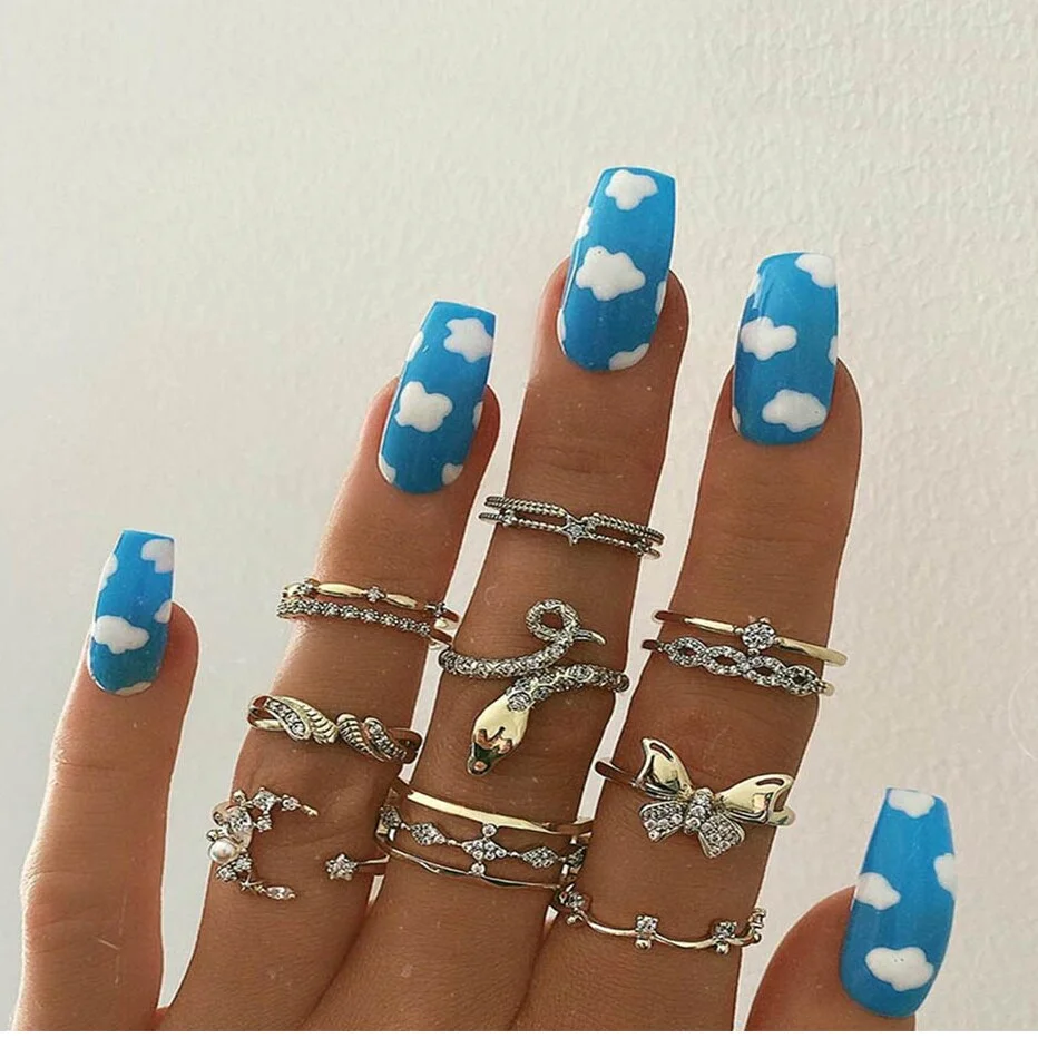 24Pcs Detachable Long Coffin False Nails Press on Nails Blue Sky Ballerina Wearable Fake Nail Full Cover Nail Tips Manicure Tool-Nail Inspo