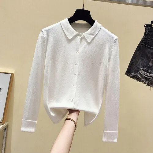 Spring Autumn Long Sleeve Single Breasted Women Sweater Polo Collar Knitted Cardigan Loose Lazy Lapel Bottoming Shirt Coat 11181