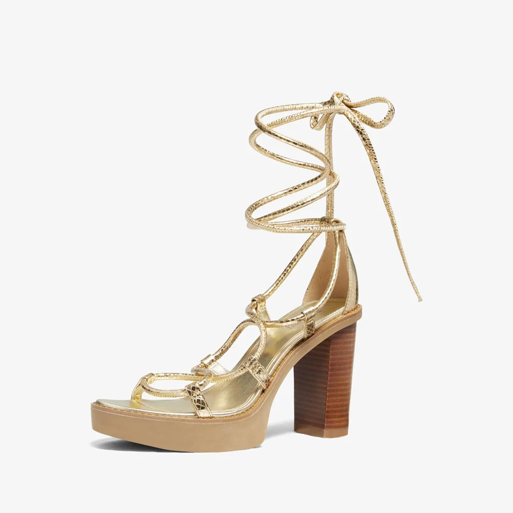 Gold Metallic Snake Skin Opened Toe Cross Lace Up Platform Sandals With Chunky Heels Nicepairs