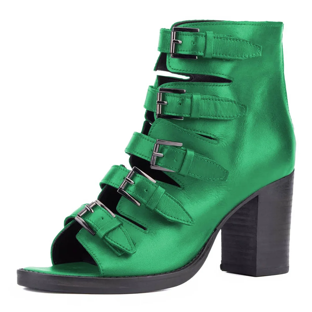 Green Peep Toe Chunky High Heel Buckled Hollow-Out Summer Sandals