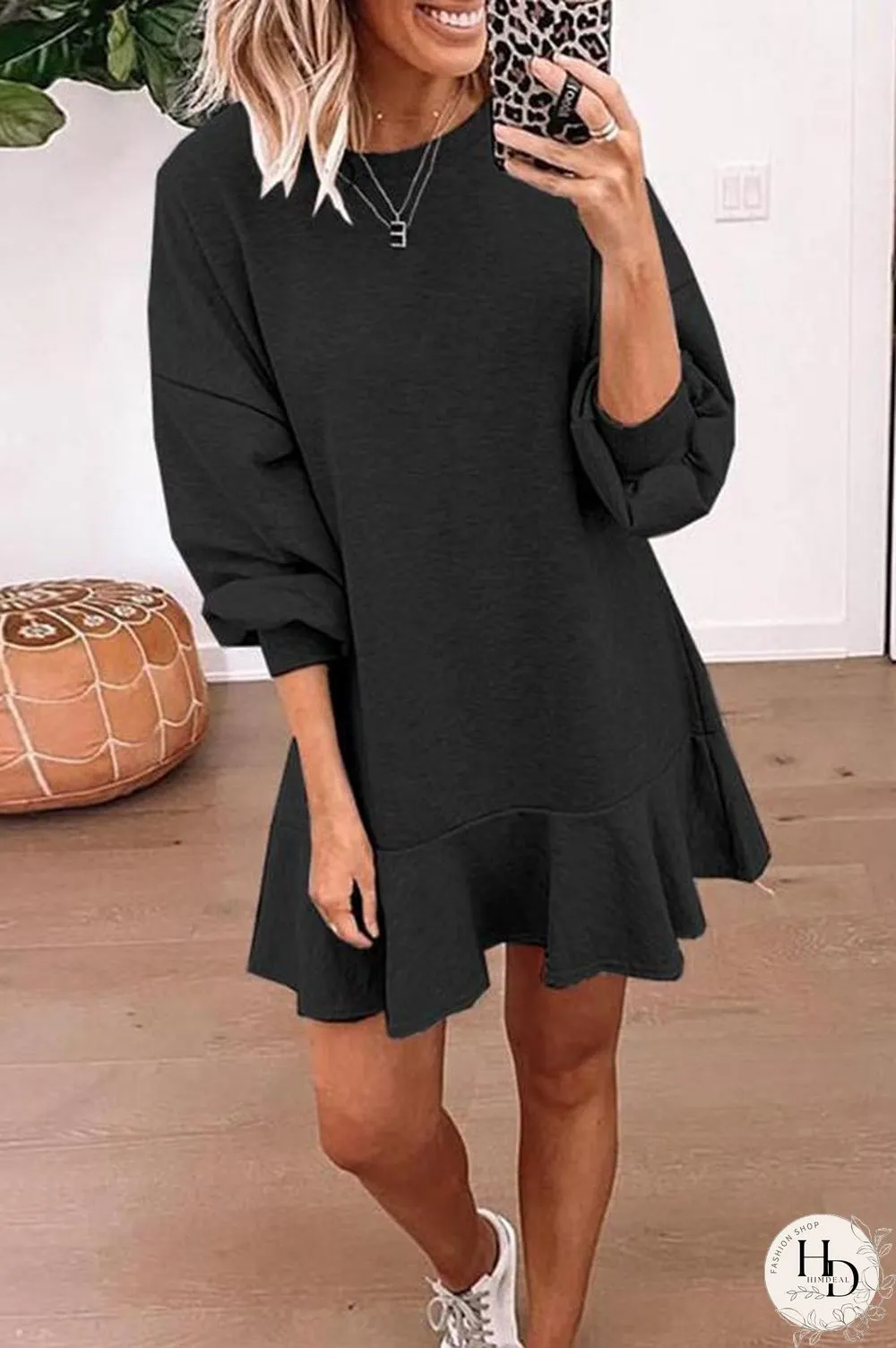 Lantern Sleeve Solid Color Lace Dress P13060