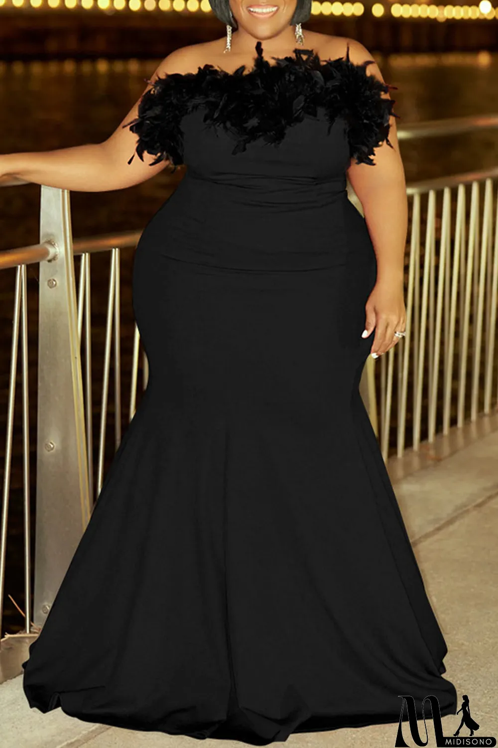 MidiSono - Green Sexy Solid Patchwork Feathers Strapless Evening Dress Plus Size Dresses