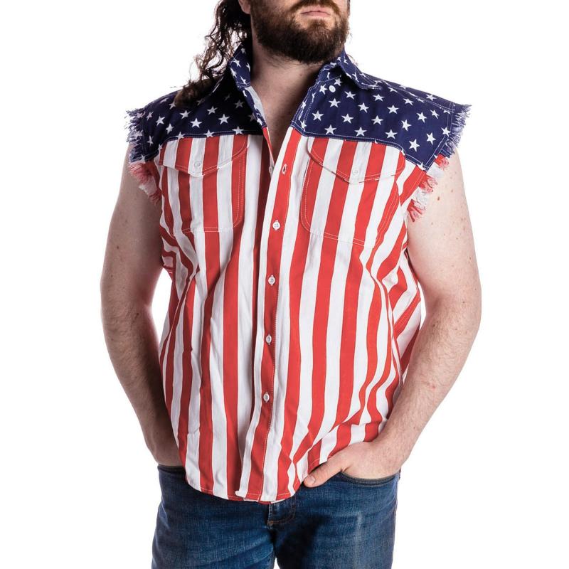 Men's Independence Day Lapel Raw Edge Denim Sleeveless Shirt 87402263M