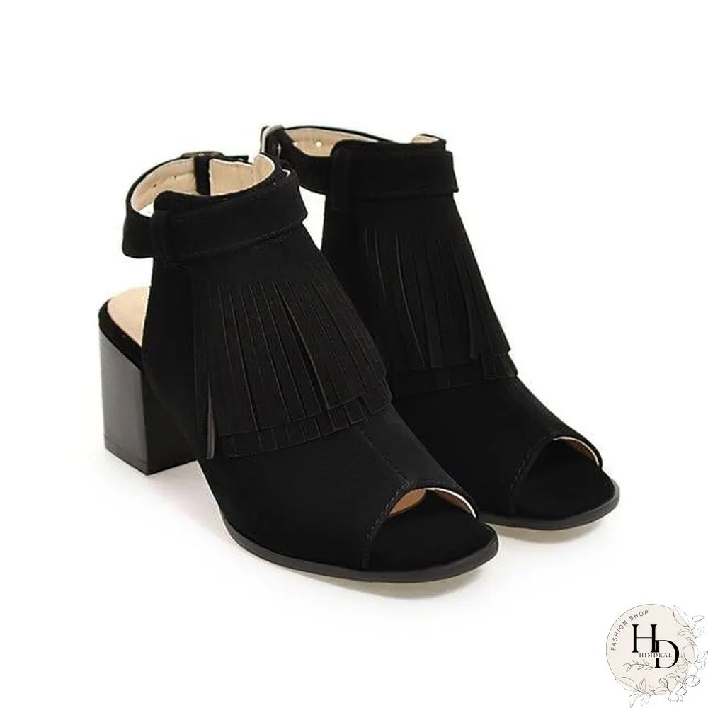 Women Retro Summer Sandals Leisure Tassel Thick Heels Gladiator Peep Toe Sandals