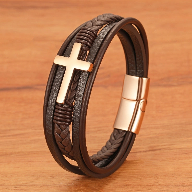 Brown Multi-layer Leather Men's Cross Bracelet Leather Rope Woven Jewelry Stainless Steel Bracelet Genuine Leather Magnet Buckle