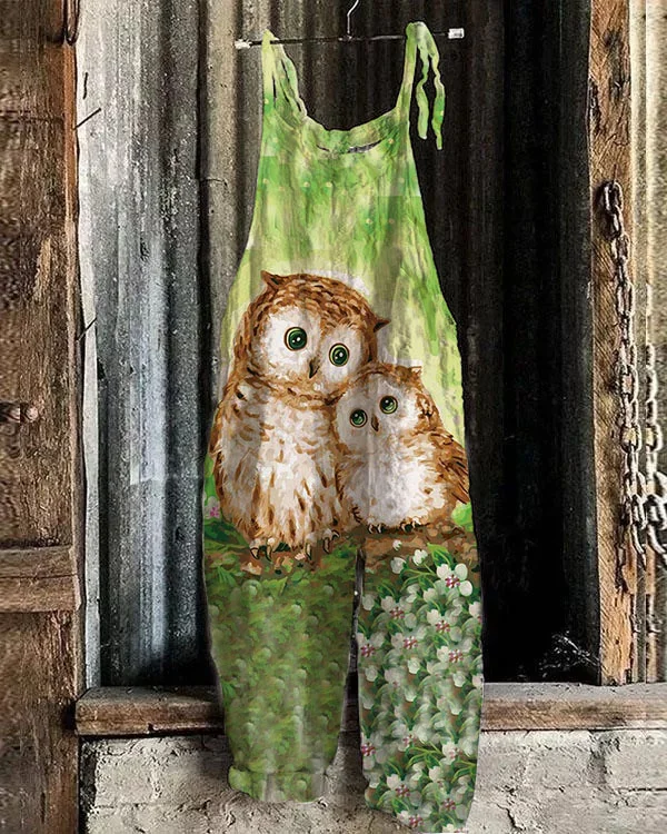 Women's Owl Pattern Loose Casual Jumpsuit