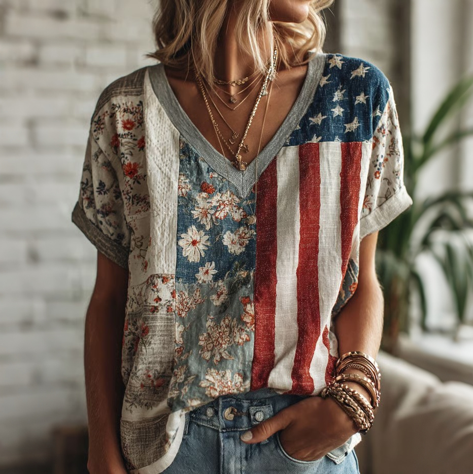  Women's Vintage Floral Patriotic Commemorative V-neck Short-sleeve T-shirt Westsshops