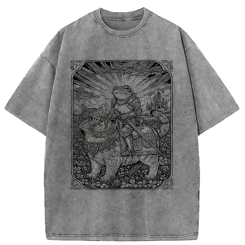 Frog Riding Cat Retro Washed T-shirt artswardrobe
