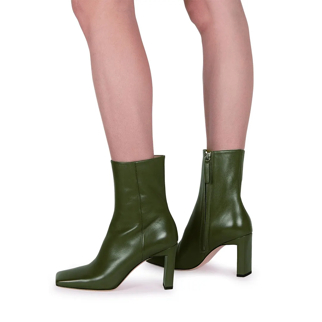 Olive Vegan Leather Square Toe Ankle Zipper Chunky Heel Boots