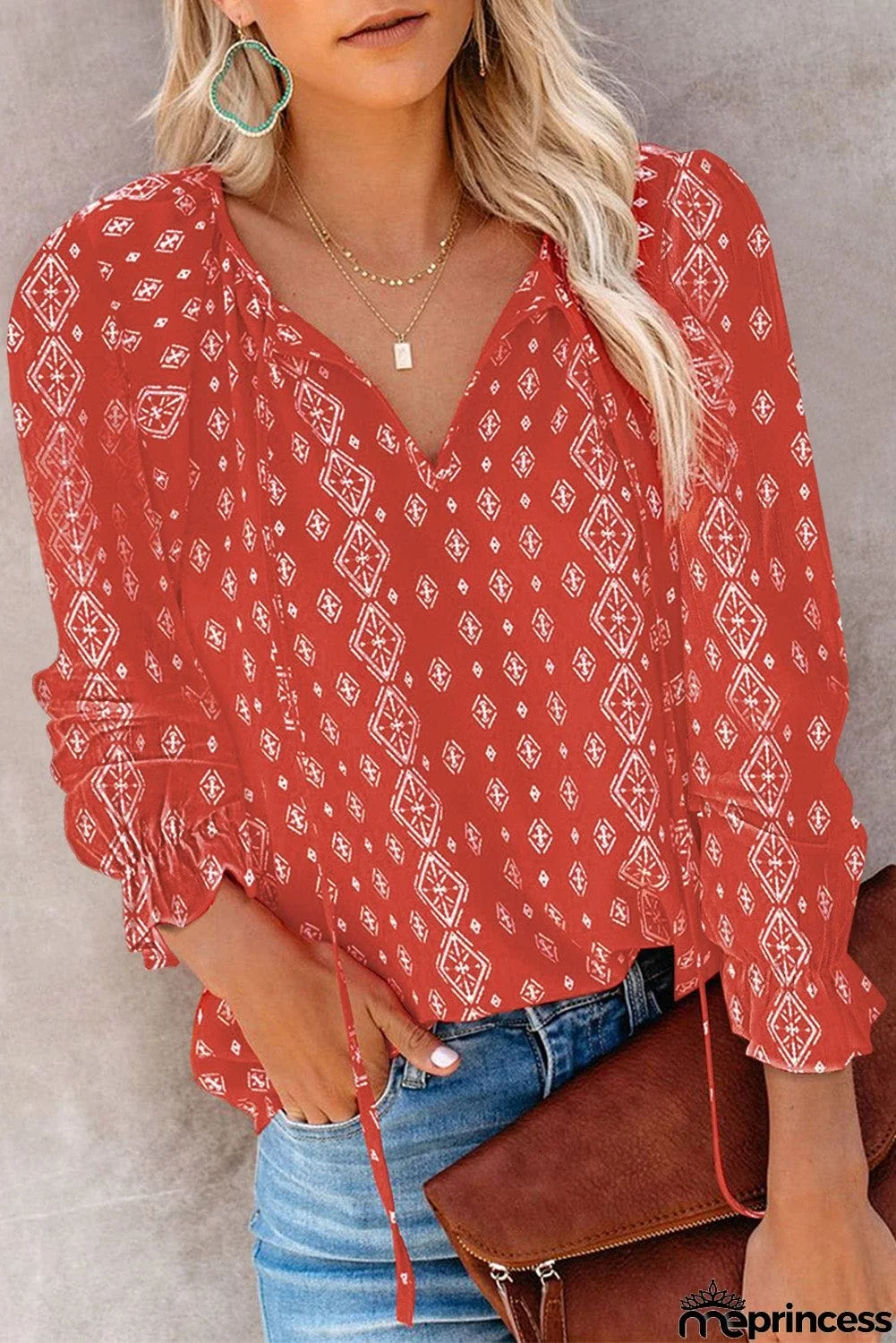Printed Long Sleeve V-Neck Drawstring Shirt