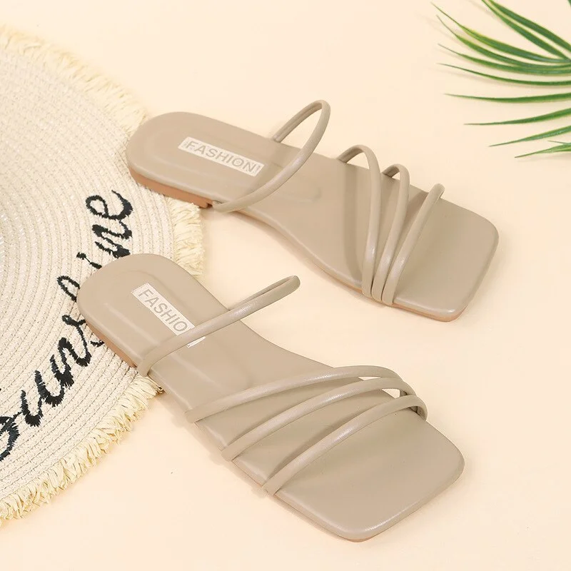 Qengg Beach Women's Slippers 2022 Summer Square Head Flat Bottom Open Toe Simple Design Ladies Shoes Thin Strap Leisure Slides