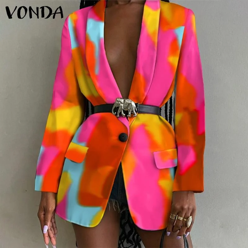 Women Long Sleeve Office Blazer 2022 VONDA Formal Coat Jackets Casual Turn Down Collar Printed Suit Blazer Outerwear Veste Femme