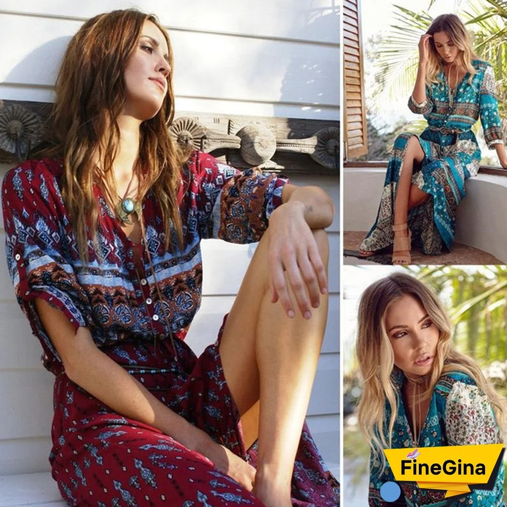 New Bohemian Printing Long Dress Women Maxi Long Dress Floral Print Retro Hippie Vestidos Clothing Boho Dress