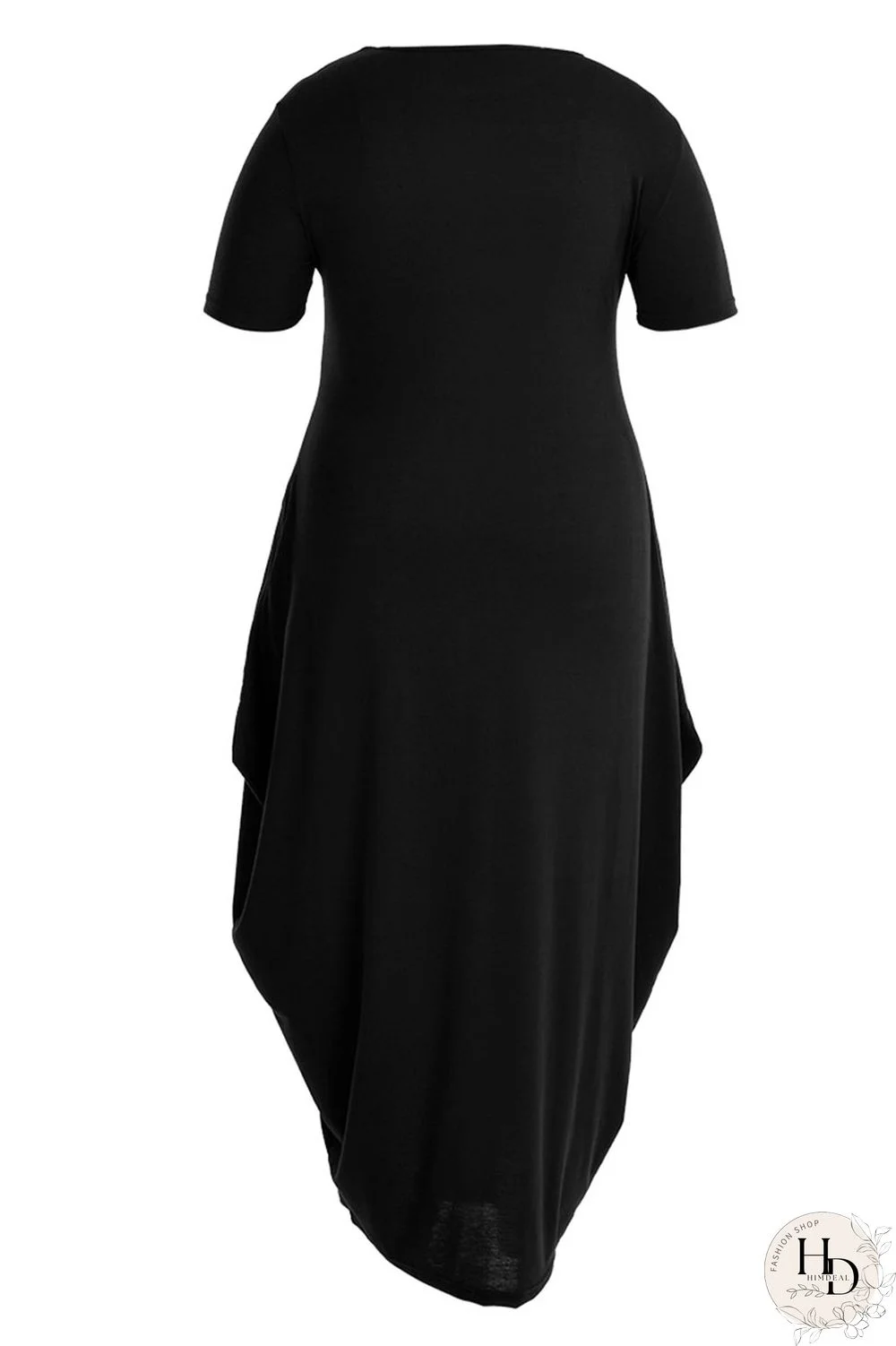 Black Casual Print Split Joint Asymmetrical O Neck Short Sleeve Dress Plus Size Dresses