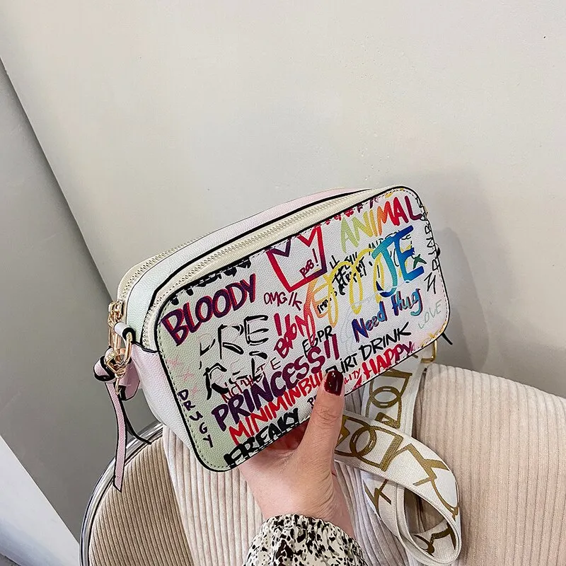 էѧӧܧ Graffiti Design Small PU Leather Crossbody Shoulder Bags for Women 2021 Lady Trendy Travel Branded Handbags Purses