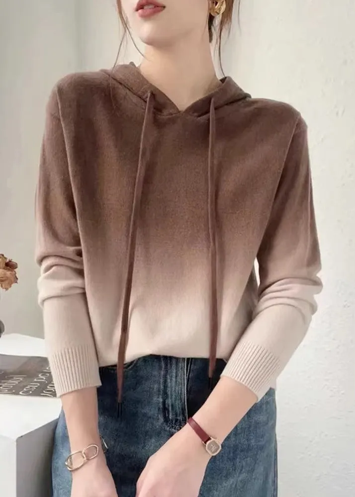 New Coffee Gradient Color Hooded Patchwork Wool Knit Sweaters Fall