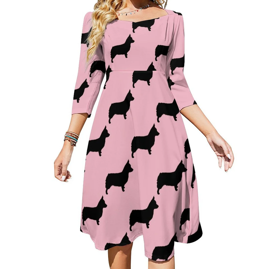 Cute Welsh Corgi Dog Pattern Dress Sweetheart Tie Back Flared 3/4 Sleeve Midi Dresses