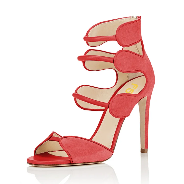 Women's Orange Open Toe Strappy Hollow Out  Stiletto Heels  Sandals |FSJ Shoes