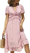 Plus Size Ditsy Floral Print Ruffle Stitching V Neck Tunic Midi Dress