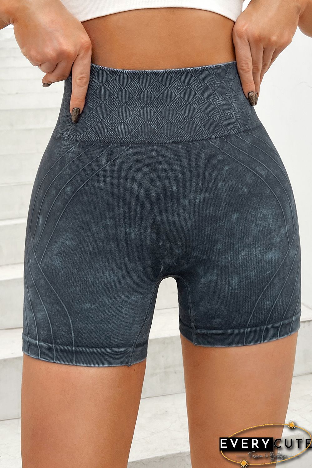 Black Vintage Wash Patterned High Waist Athleisure Shorts