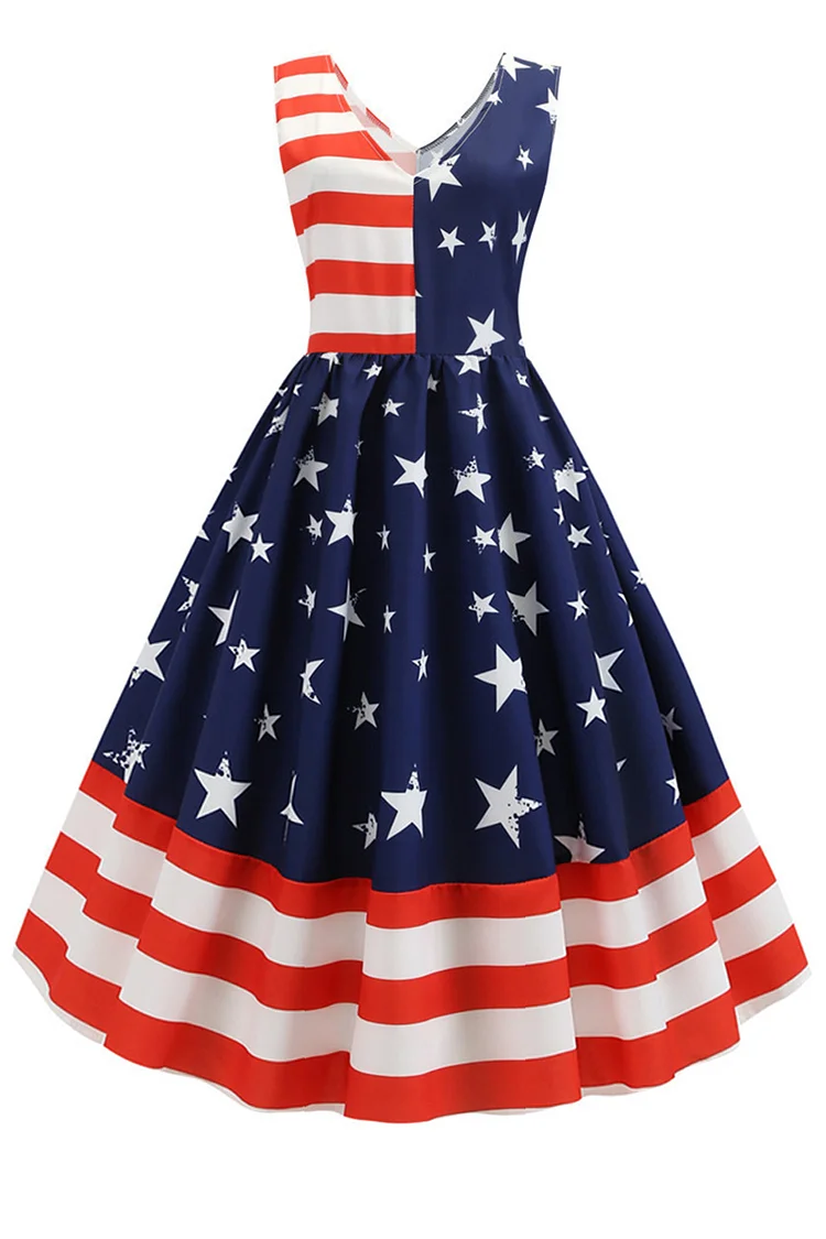 1950s Multicolor Festival American Independence Day Flag Print Flare Swing Midi Dress