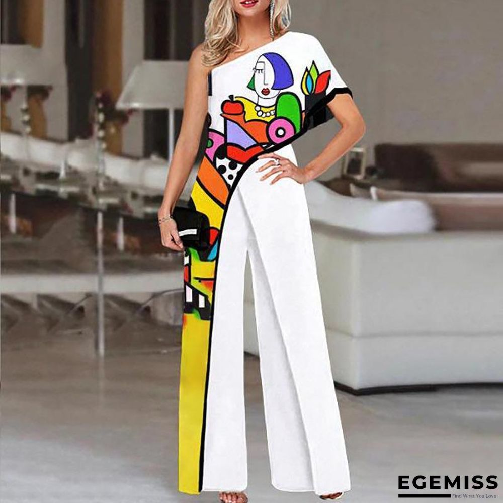 Jumpsuit Printed Diagonal Shoulder Fashion Wide Leg Pants for Women | EGEMISS
