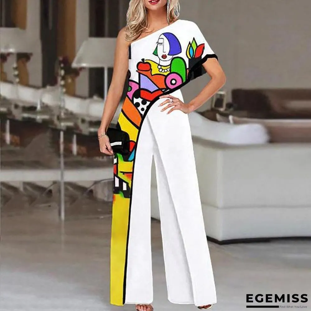 Jumpsuit Printed Diagonal Shoulder Fashion Wide Leg Pants for Women | EGEMISS