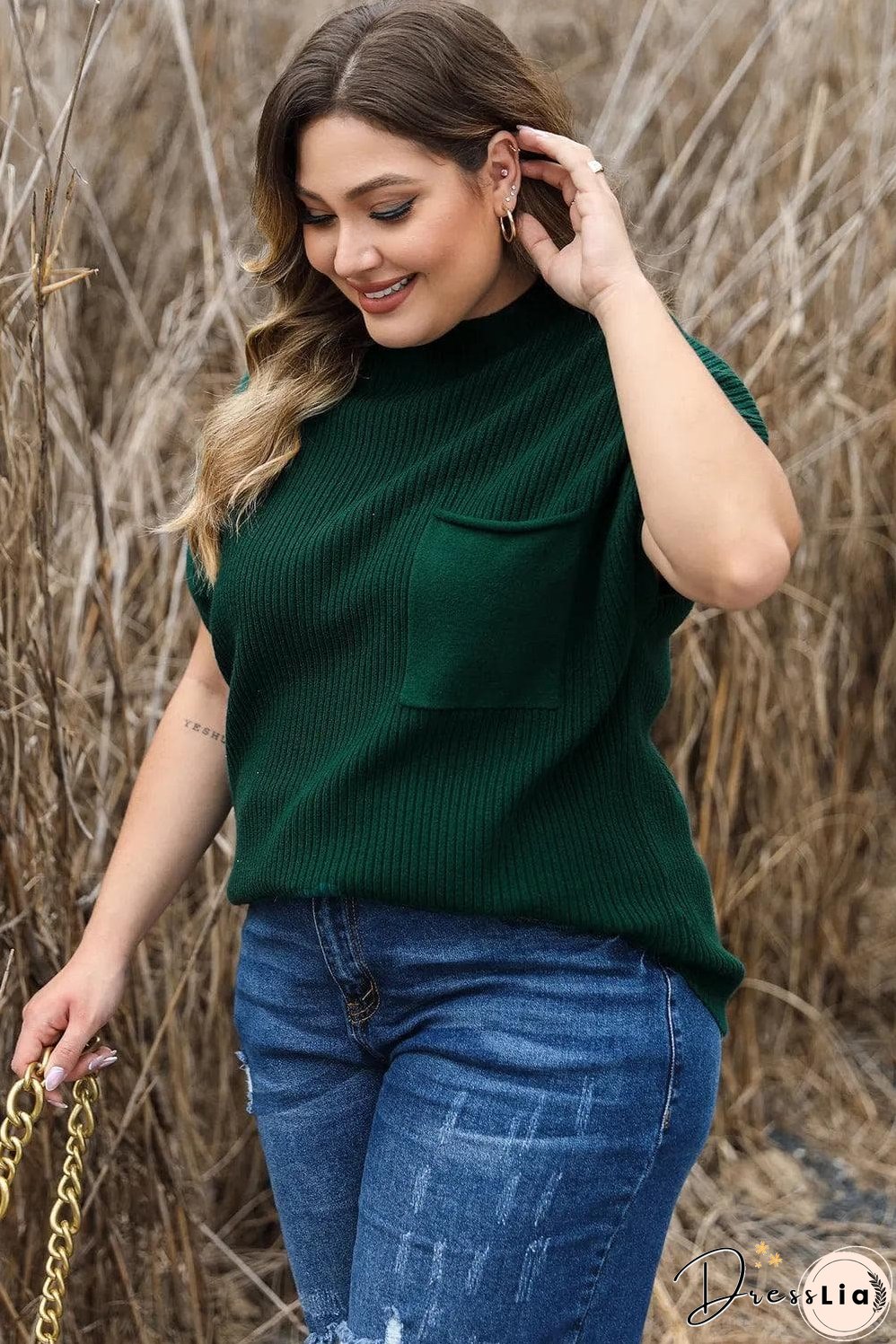 Jungle Green Plus Size Mock Neck Chest Pocket Short Sleeve Sweater