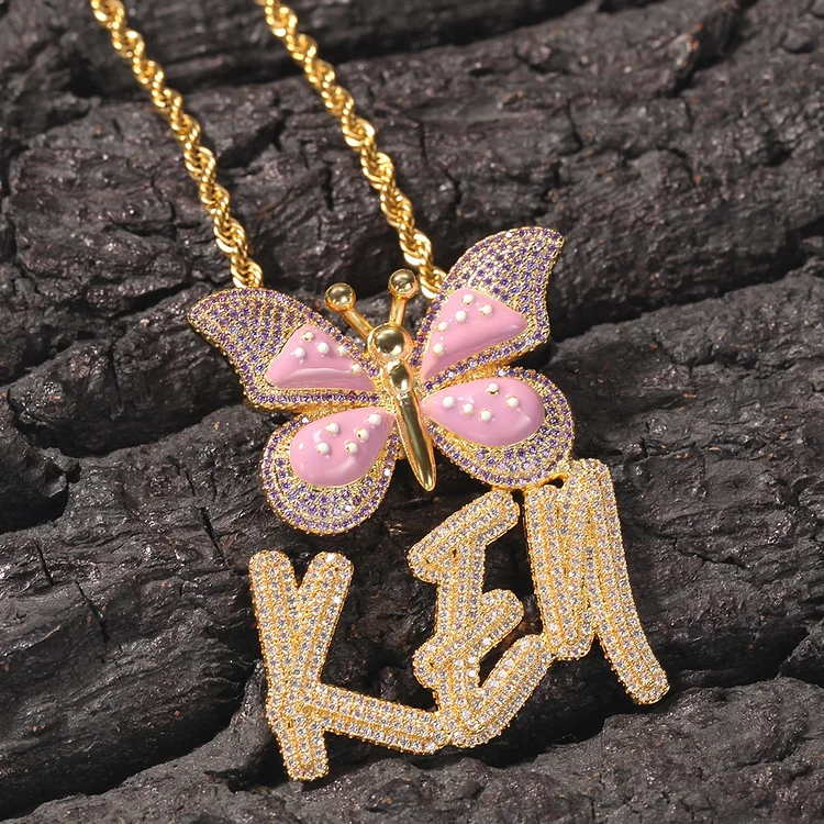 Custom Name Iced Out Brush Letters With Butterfly Pendant Necklace-VESSFUL