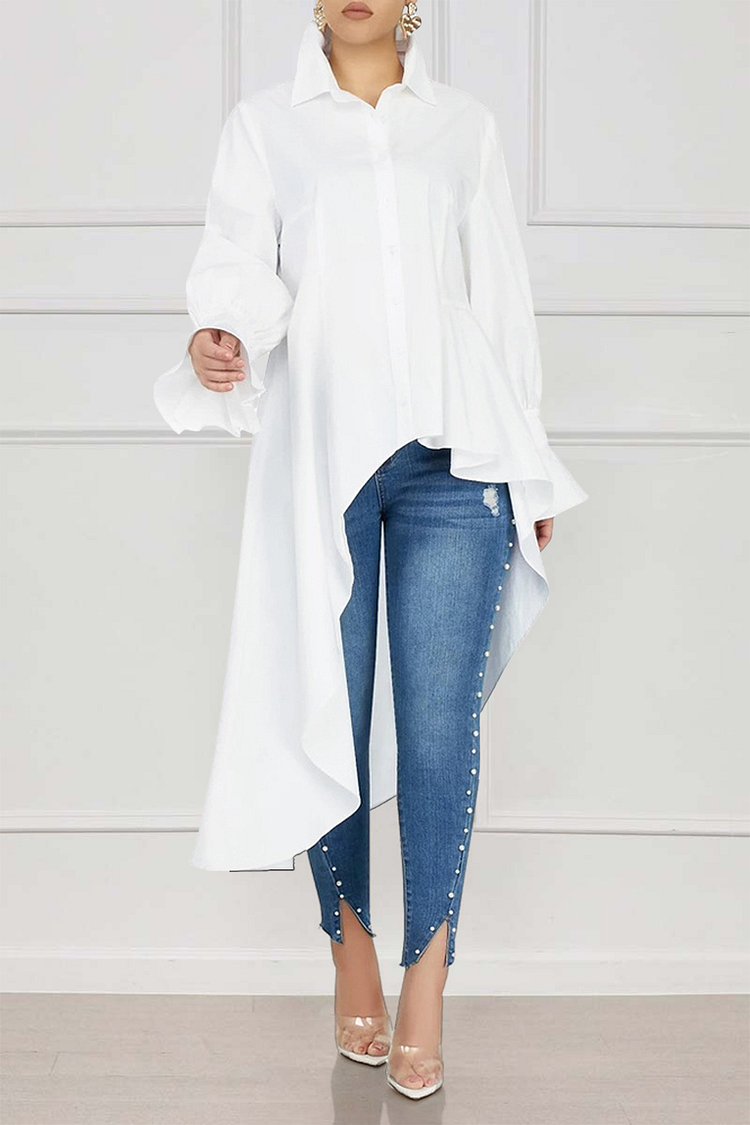 Turndown Collar Flare Sleeve Solid Color High-Low Hem Casual Blouse-Black