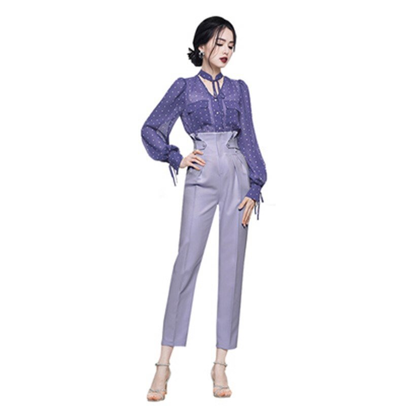 Brownm Fashion Korean Two Piece Pants Suits Women 2021 Autumn Polka Dots Chiffon Blouses + Skinny Suit Pants Sets