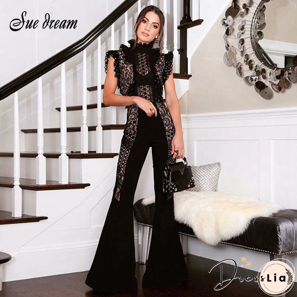 New Women's Jacket Jumpsuit Black High Collar Bandage Sexy Summer Jumpsuit Sleeveless Lace Rayon Bandage Overalls