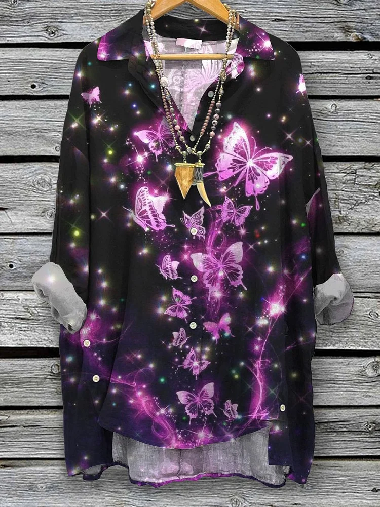 Women's Vintage Butterfly Print Casual Cotton And Linen Shirt