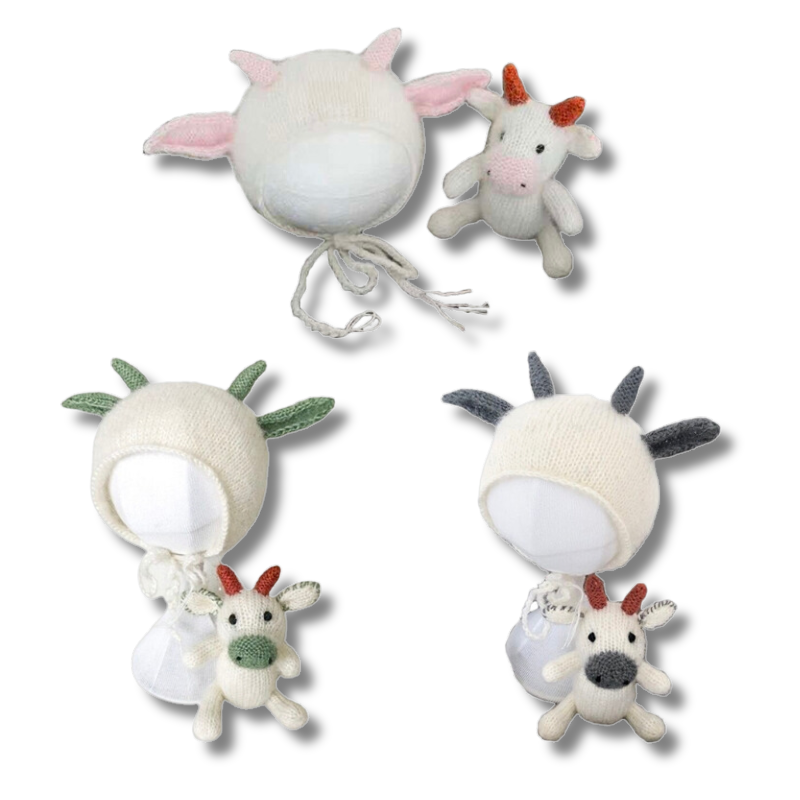 Bebe au Lait Knitted Newborn Cow Bonnets and Stuffies 
