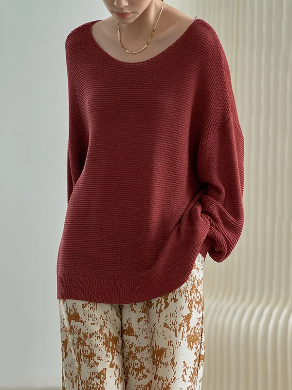 Simple Asymmetric Solid Color Round-Neck Knitting Pullover