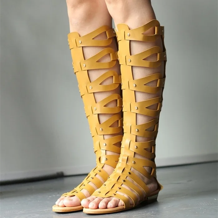 Yellow Knee-high Roman Sandals Vintage Flats Gladiator Sandals |FSJ Shoes